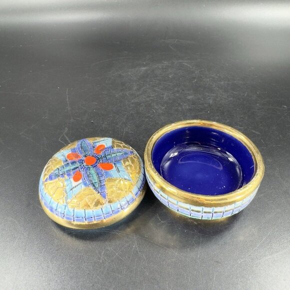 Signed Italian Round Hand Painted Trinket Dish W Lid Jewelry Holder Storage VTG - Picture 12 of 12